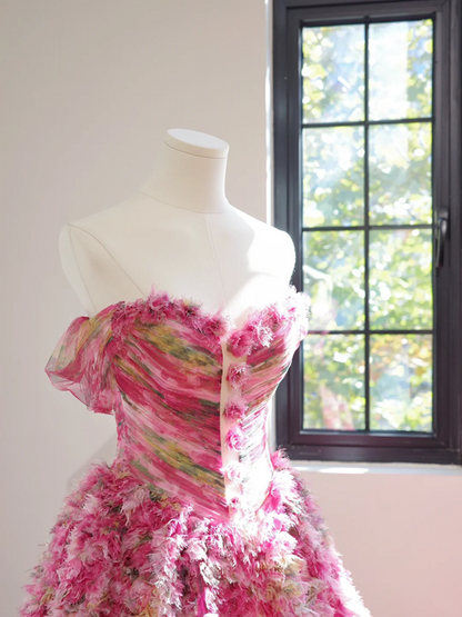 Pink floral print strapless fitted waist ball gown with a full skirt, long ball gown, bridal dress R8454
