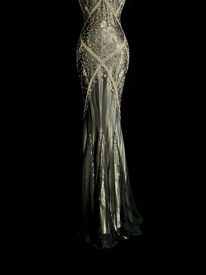 Black halter-neck beaded fitted long ball gown R6649