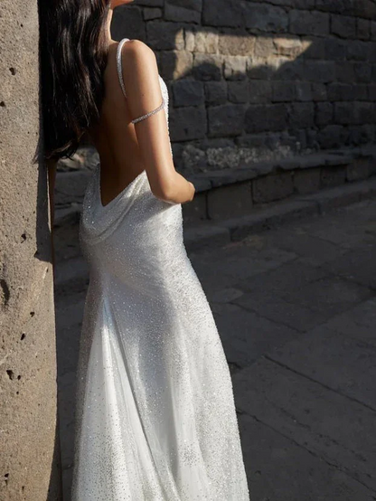 Silver halter-neck, fitted waist, backless, sexy long ball gown, bridal dress R8642