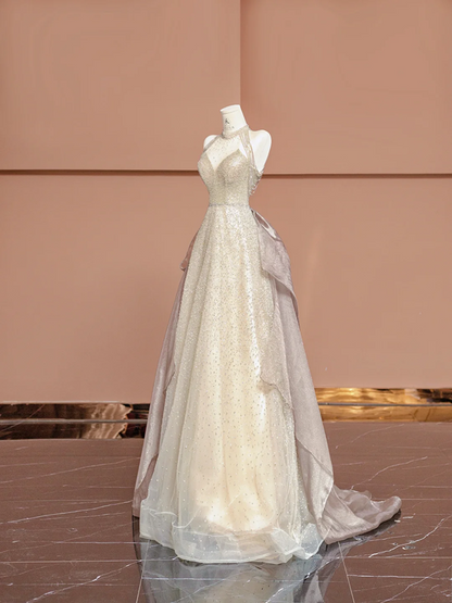 Champagne-colored halter neck, fitted waist, long ball gown/bridal dress R8394
