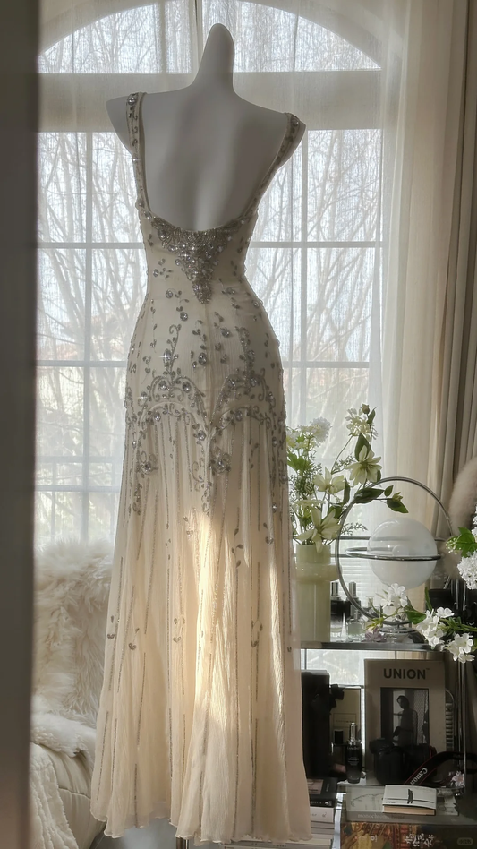 Elegant Ivory Straps Sheath Chiffon Beaded Vintage Long Evening Party Dresses, D1074