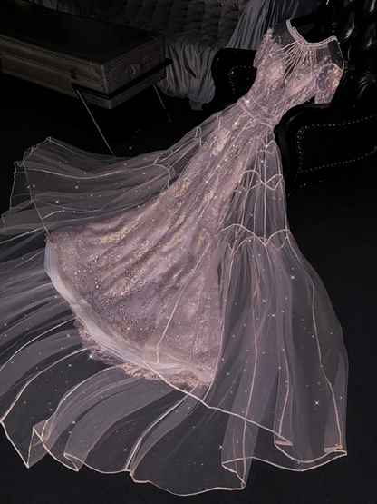 Light purple round neck fitted waist long elegant ball gown, bridal dress R8765