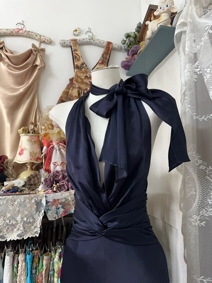 Navy blue halterneck satin waist slim fishtail sexy long ball gown R6170