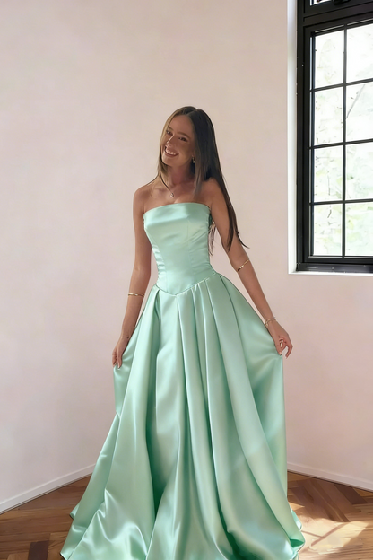 Classy Burgundy Strapless Satin Pleated Long Evening Dress Formal Wedding Guest Dress SP1732