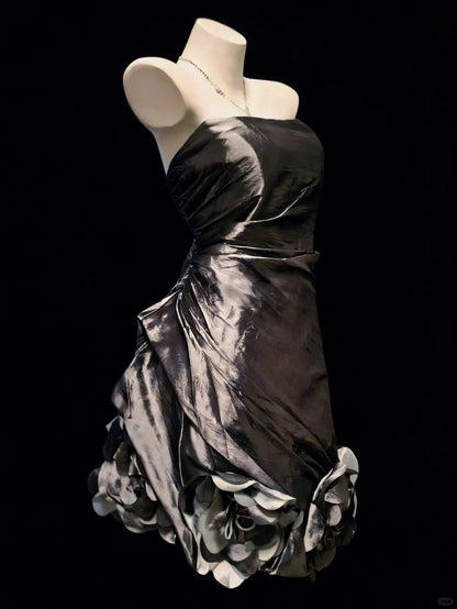 Elegant Homecoming Dress Strapless Pleated Flower Back to School Outfits Party Dress  D6446