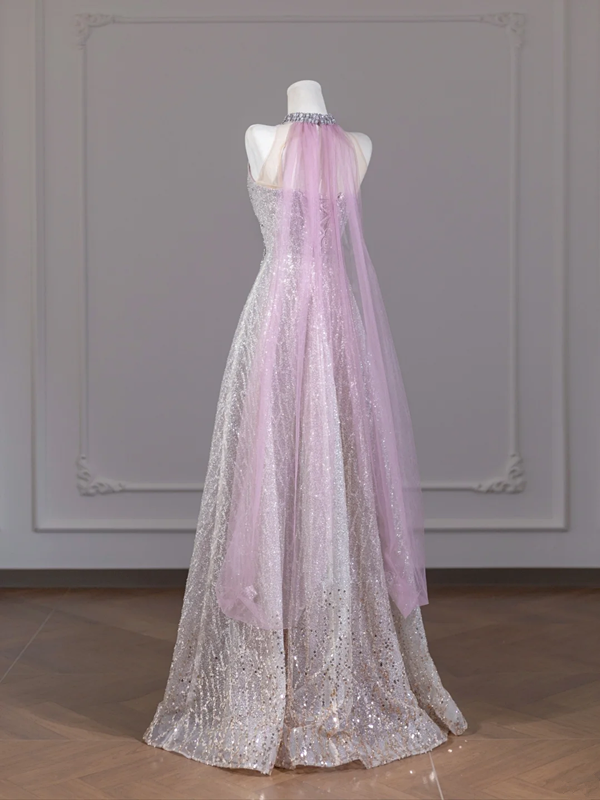 Light pink V-neck fitted waist slim-fit rhinestone long ball gown/bridal dress R8279