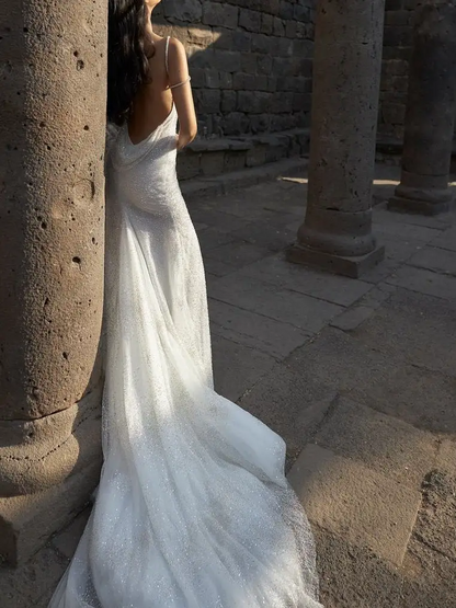 Silver halter-neck, fitted waist, backless, sexy long ball gown, bridal dress R8642