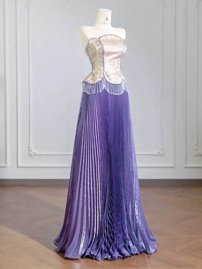 Purple floral strapless cinched waist long ball gown with pleated skirt R8249
