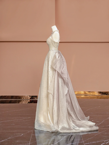 Champagne-colored halter neck, fitted waist, long ball gown/bridal dress R8394