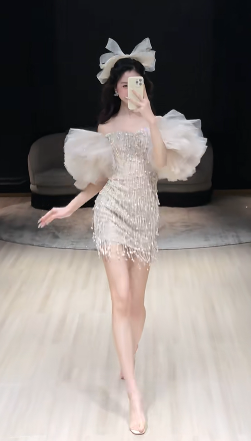 White one-shoulder tassel design waist slim hip cute sexy princess skirt homecoming dress R4227