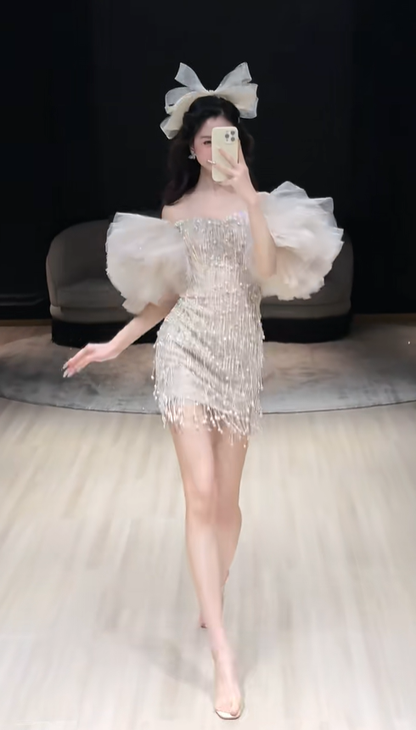 White one-shoulder tassel design waist slim hip cute sexy princess skirt homecoming dress R4227