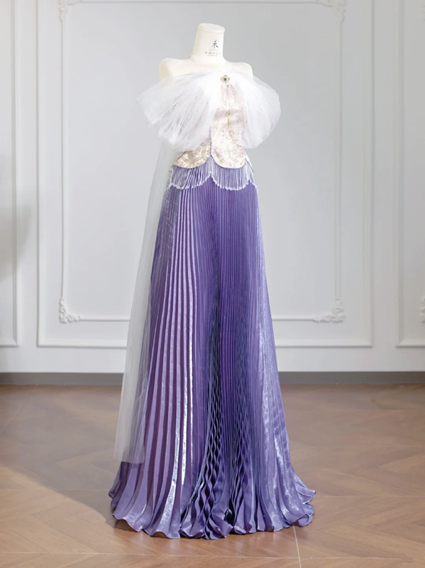 Purple floral strapless cinched waist long ball gown with pleated skirt R8249