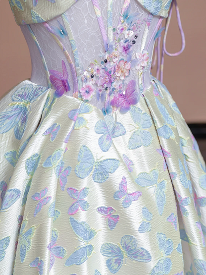 Off-white base with light purple butterfly print, fitted waist, long ball gown with a full skirt R8337