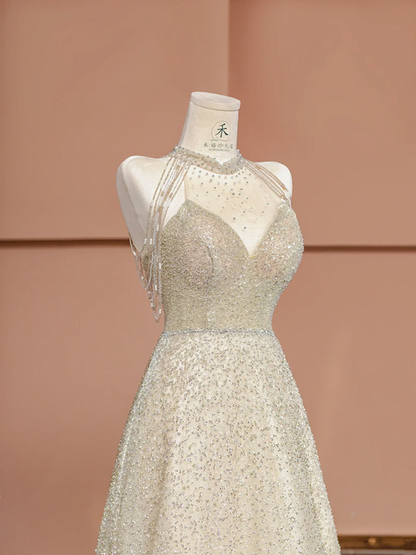 Champagne-colored halter neck, fitted waist, long ball gown/bridal dress R8394