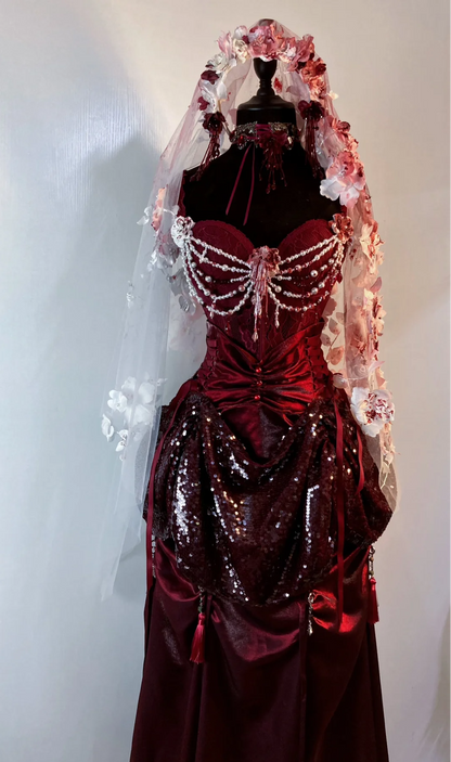 Gothic Burgundy Straps A-Line Sequins Vintage Long Evening Party Dress, D922