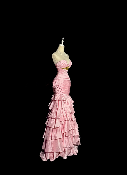Pink strapless fitted waist bodycon tiered skirt ball gown R8097