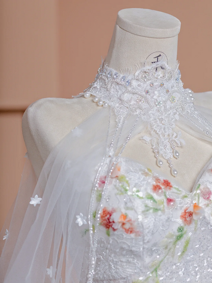 White halter-neck, fitted waist, bodycon, fishtail skirt, long ball gown, bridal gown R8424