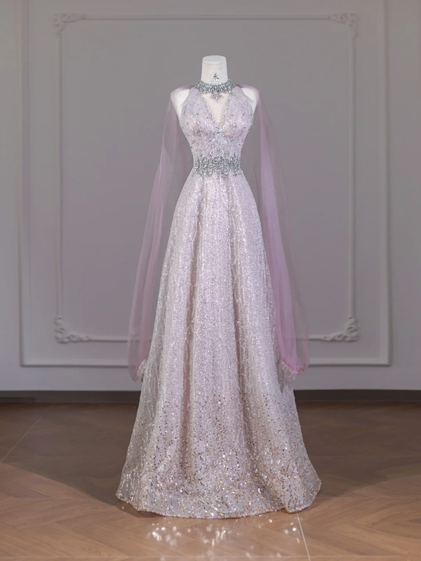 Light pink V-neck fitted waist slim-fit rhinestone long ball gown/bridal dress R8279