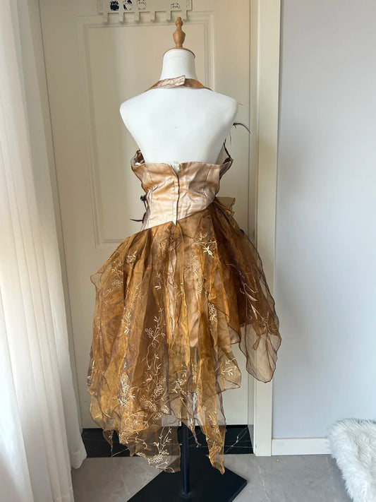 New Homecoming Dress Halter Feather Pleated Back to School Outfits Party Dress  D6486