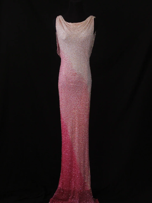 Glamorous Sleeveless Ombre Pink Satin Beaded Mermaid Long Evening Gown Birthday Outfits