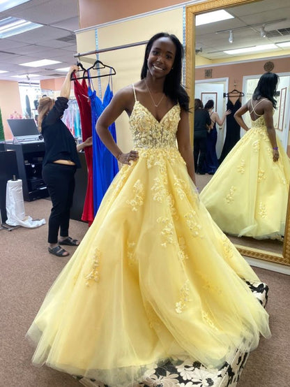 Yellow suspender waist slim fit puffy princess skirt dress, prom dress R5379