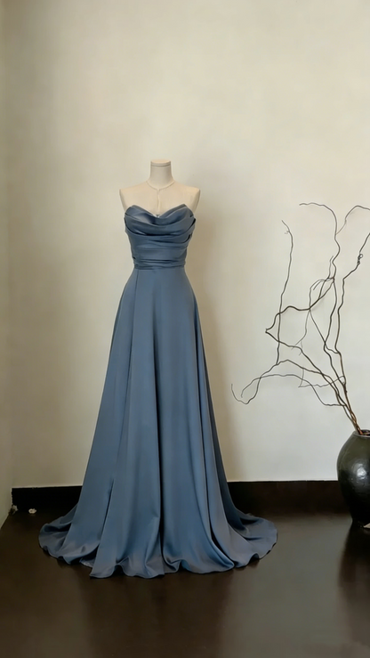 Stylish Sage Green Strapless Satin A Line Long Wedding Guest Dress Formal Party Dress SP1551