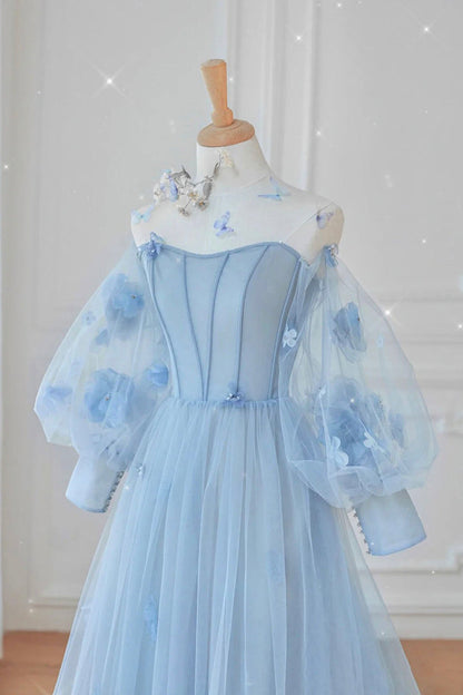 Blue tulle long sleeve prom dress blue evening dress M5344