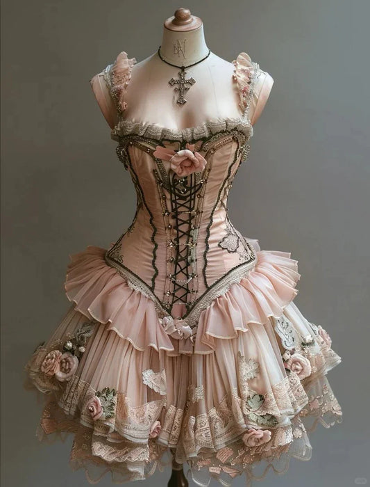 Retro 3D Floral Design Lolita Princess Dress A-line Beaded Chiffon Tiered Party Dress Homecoming Dress D1567