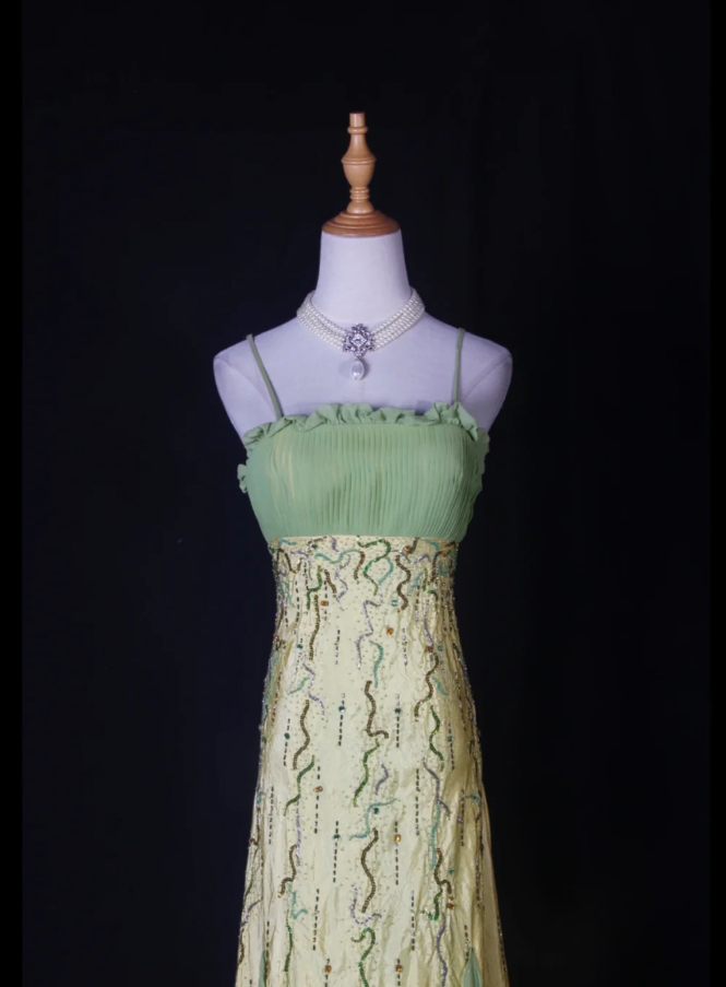 Chic Spaghetti Straps Yellow-green Satin Beaded Mermaid Long Party Dress Birthday Evening Gown With Ruffles