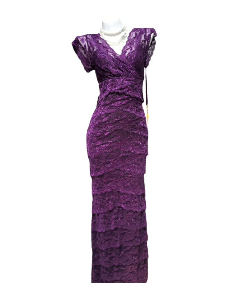 Charming Purple V Neck Lace Layered Mermaid Long Wedding Guest Dress Formal Birthday Party Dress SP1577