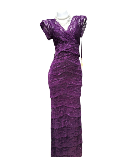 Charming Purple V Neck Lace Layered Mermaid Long Wedding Guest Dress Formal Birthday Party Dress SP1577