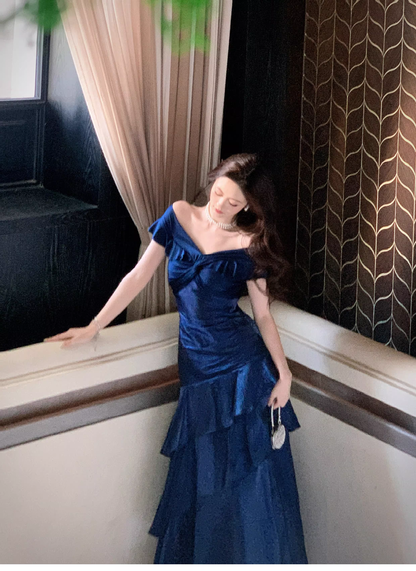 Stylish Navy Blue Off The Shoulder Satin Layered Ruffles Mermaid Long Evening Dress Prom Gown
