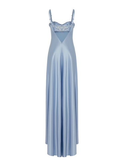 Classy Blue Spaghetti Straps Satin Beaded Mermaid Evening Dress Long Wedding Guest Dress D1402