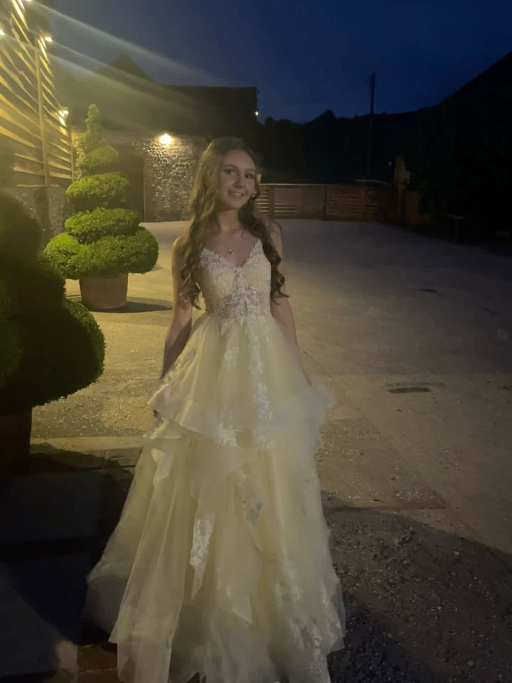 Pretty Yellow Tulle Appliques Long Wedding Guest Dress Birthday Party Dress D1959