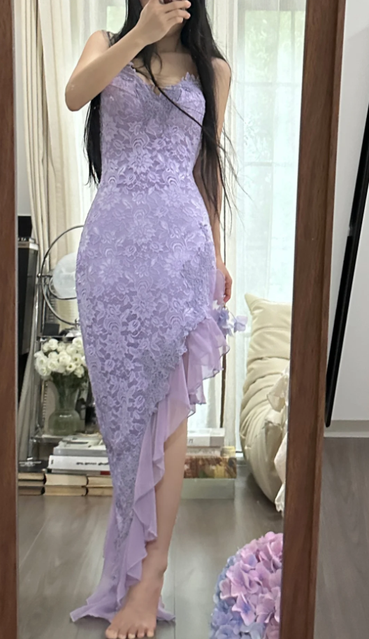 Pretty Spaghetti Straps Lavender V Neck Lace Chiffon Ruffles Long Party Dress Birthday Dress D2305