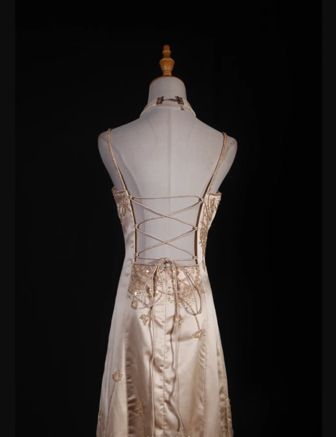 Vintage Spaghetti Straps Yellow Satin Beaded Mermaid Party Evening Dress Long Prom Gown