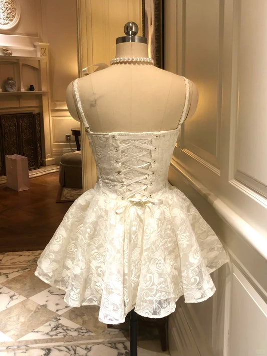 New Homecoming Dress Spaghetti Strap Flower Lace Dress Back to School Outfits Party Dress  D6399