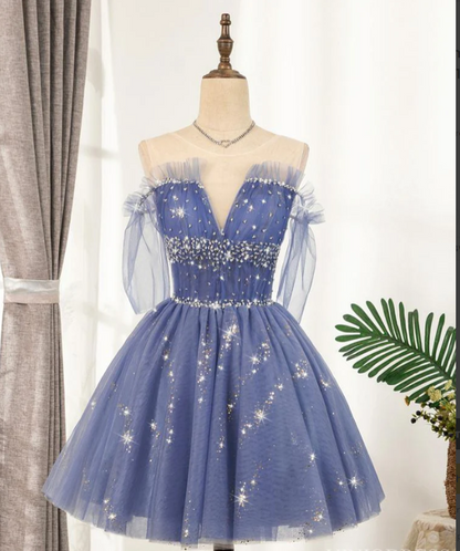 Sparkly Blue Homecoming Dresses 2022 Ruffled Hoco Dress M5909
