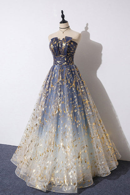 Blue Tulle A-line Gradient Long Formal Dress, A-line Blue Evening Dress Prom Dress