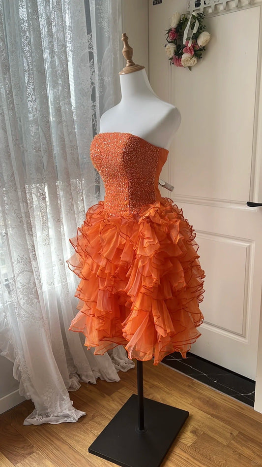 Pretty Homecoming Dress Strapless Tulle Cascade Beaded Back to School Outfits Party Dress  D6457