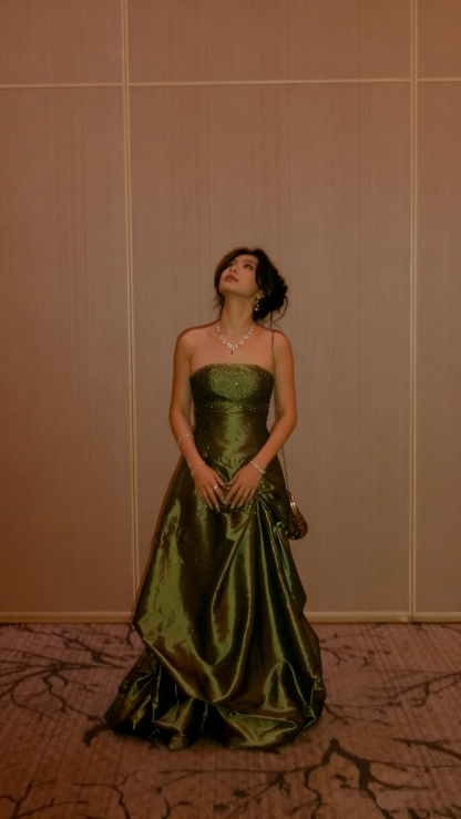 Elegant Olive Green Strapless Satin Sequin Long Birthday Party Dress Evening Gown