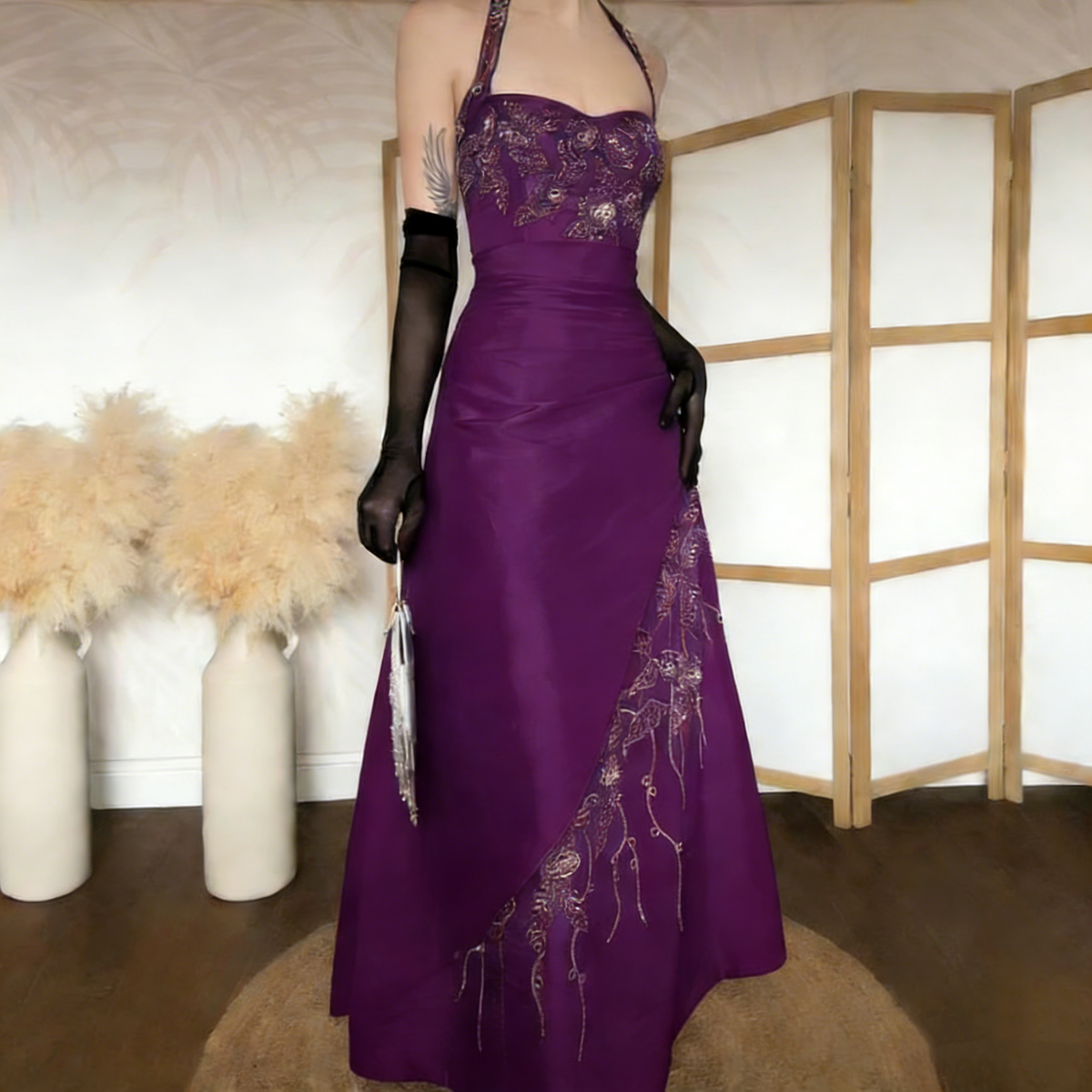 Vintage Halter Brown Satin Beaded Mermaid Evening Dress Long Party Dress Prom Gown With Gloves