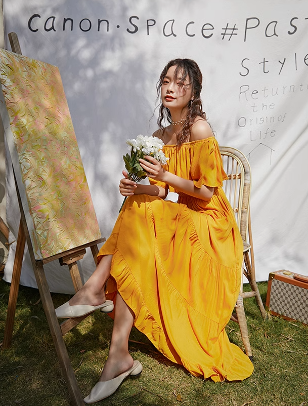 Beach dress seaside vacation Sanya super fairy first love chic French sexy one shoulder dress R0192