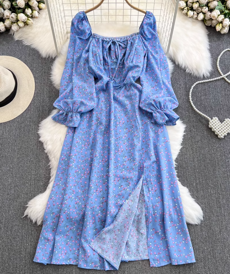 Gentle style long sleeves square neck waist slimming slit A-line print dress elegant long skirt R0355