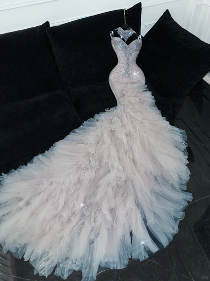 Shiny Beaded White Sweetheart Tulle Sequin Design Elegant Mermaid Floor-length Wedding Dress D1662