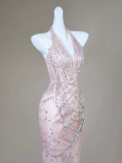 Mermaid Halter Light Pink Satin Beaded Long Prom Dress,Formal Evening Dress  fg8496