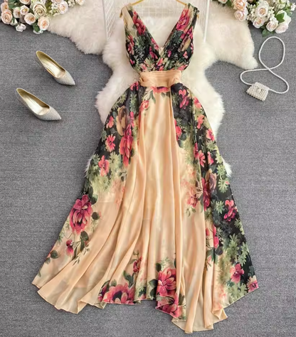 Fashionable and elegant long dress with V-neck, slim waist and positioning print A-line swing dress R0357
