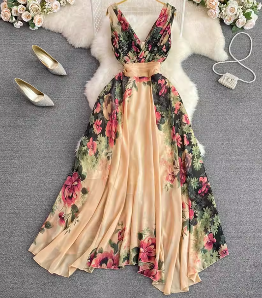 Fashionable and elegant long dress with V-neck, slim waist and positioning print A-line swing dress R0357