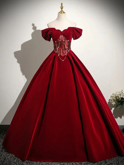 Wine Red Velvet Off Shoulder Long Prom Dress, Wine Red Sweetheart Party Dress Evening Dress  fg8737