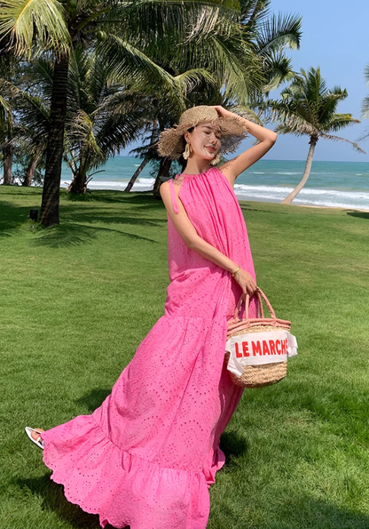 French lace hollow rose red sleeveless halter neck temperament long dress holiday style dress R0198
